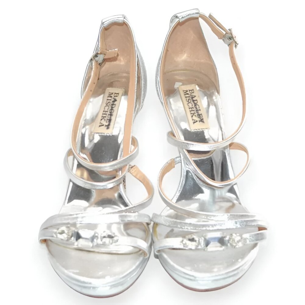 Badgley Mischka Silver Leather Crystal Diamond Open Toe Dress Strappy Heels 7.5 - Picture 2 of 13